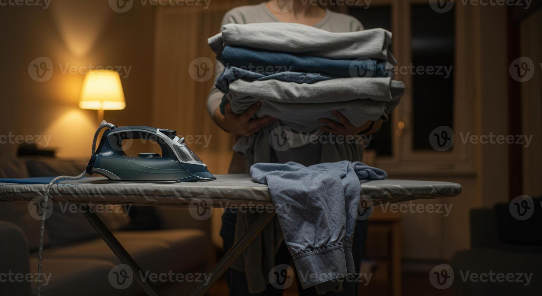 a woman holding a large stack of clean folded laundry next to an iron and ironing board in a home setting in the evening. photo