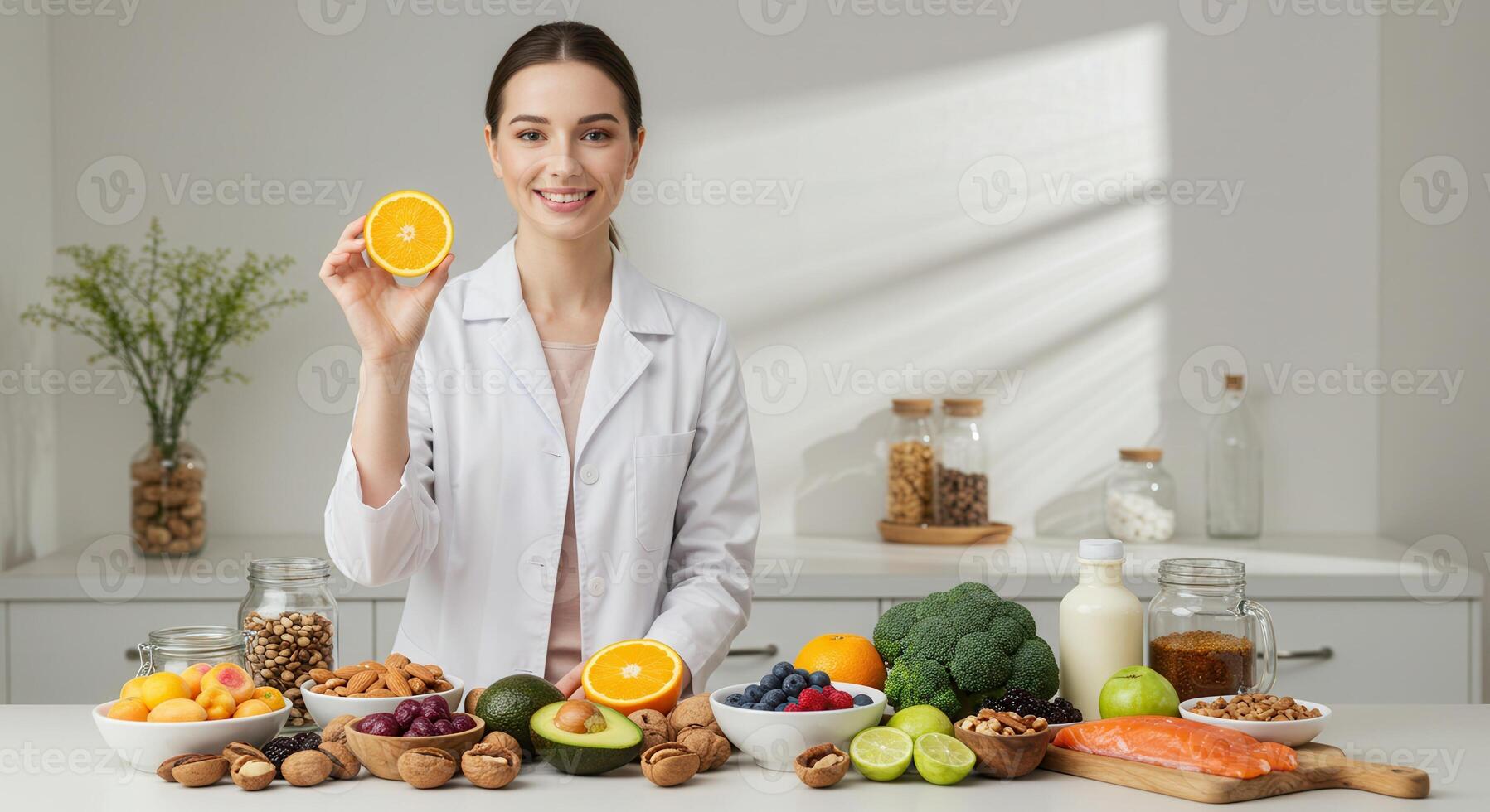 Smiling nutritionist in lab coat holding orange slice with table full of healthy food including fruit, vegetables, nuts, salmon. photo
