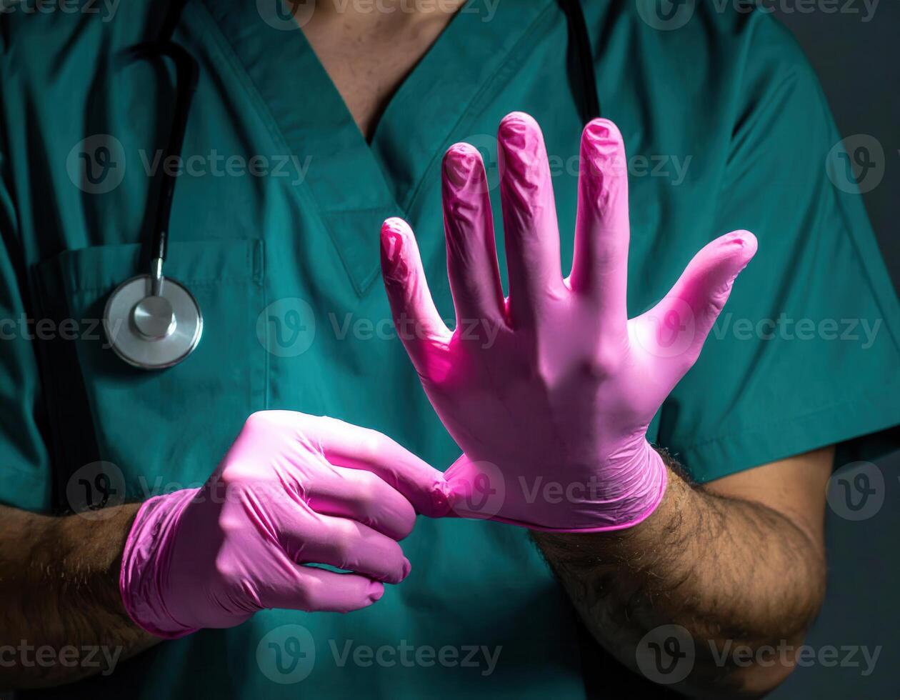 Close up of medical professional in green scrubs putting on pink disposable gloves with a stethoscope. photo