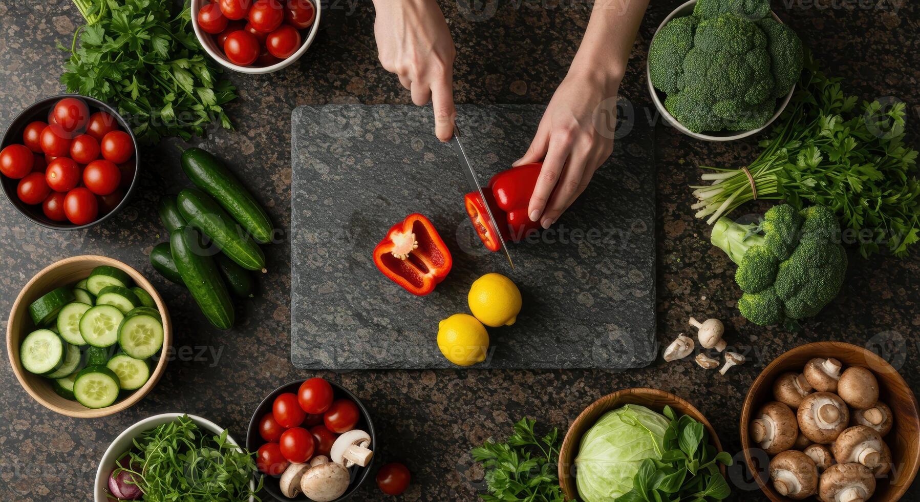 Overhead shot of woman slicing red bell pepper on granite counter surrounded by fresh produce like tomatoes, broccoli, cucumbers, lemons, and mushrooms. photo