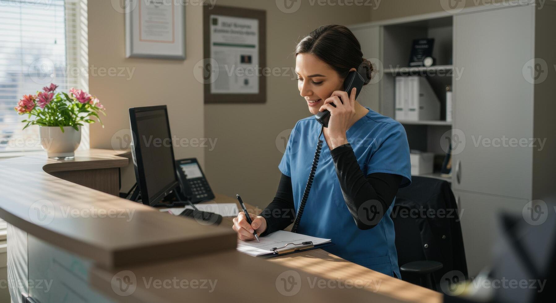 Female medical receptionist wearing blue scrubs answers phone while taking notes at modern clinic reception desk during afternoon. Healthcare concept. photo