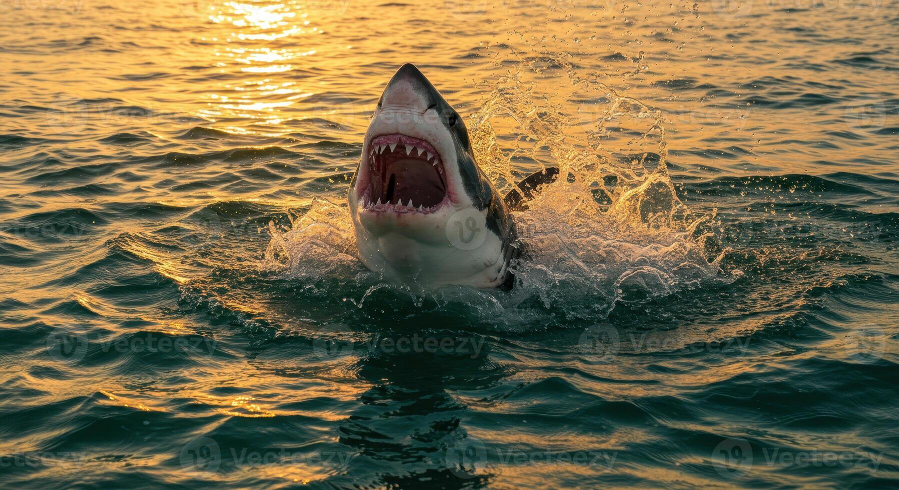 Great white shark with open mouth jumps out of the water during golden hour. Predator in natural habitat, ocean wildlife and marine life concept. photo