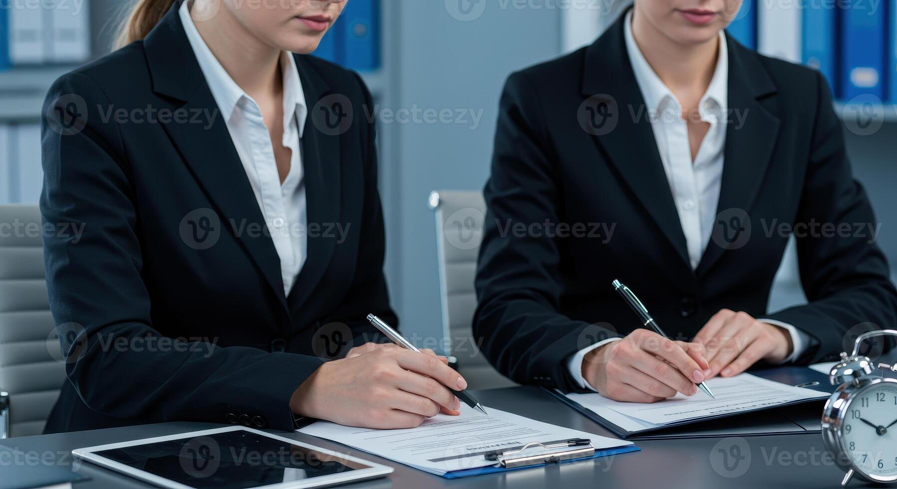 Two businesswomen sign documents in office. They are wearing suits and using pens. An alarm clock and tablet are on the desk. Business concept. photo