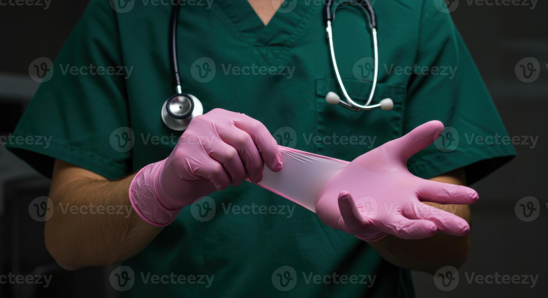 Close up shot of a medical professional in green scrubs putting on pink nitrile gloves. One hand is extending, ready for the second glove. photo