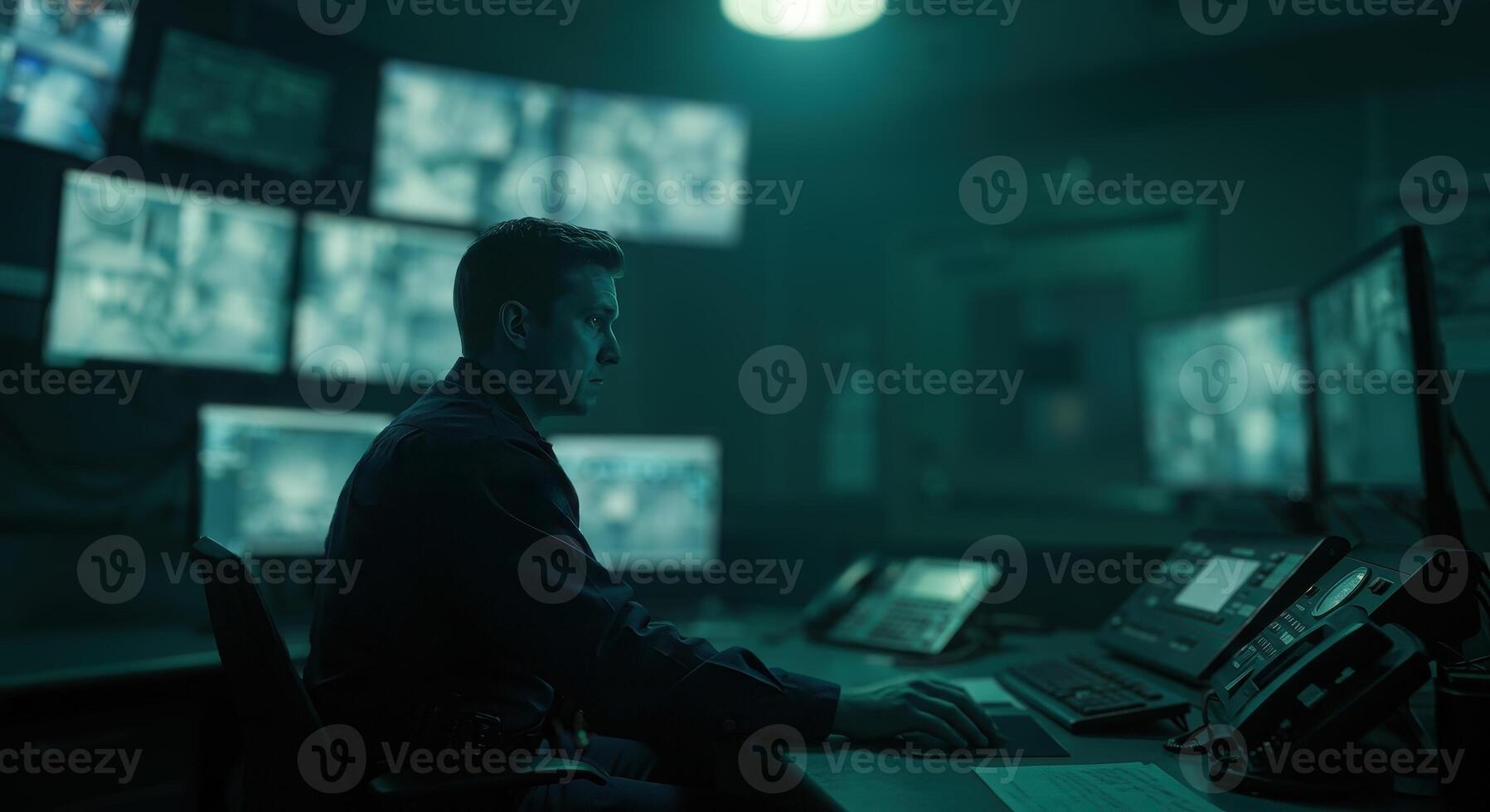 Security guard monitoring surveillance cameras at control center. Man works at computer in dark room. Security system operator. CCTV control and data protection concept. photo