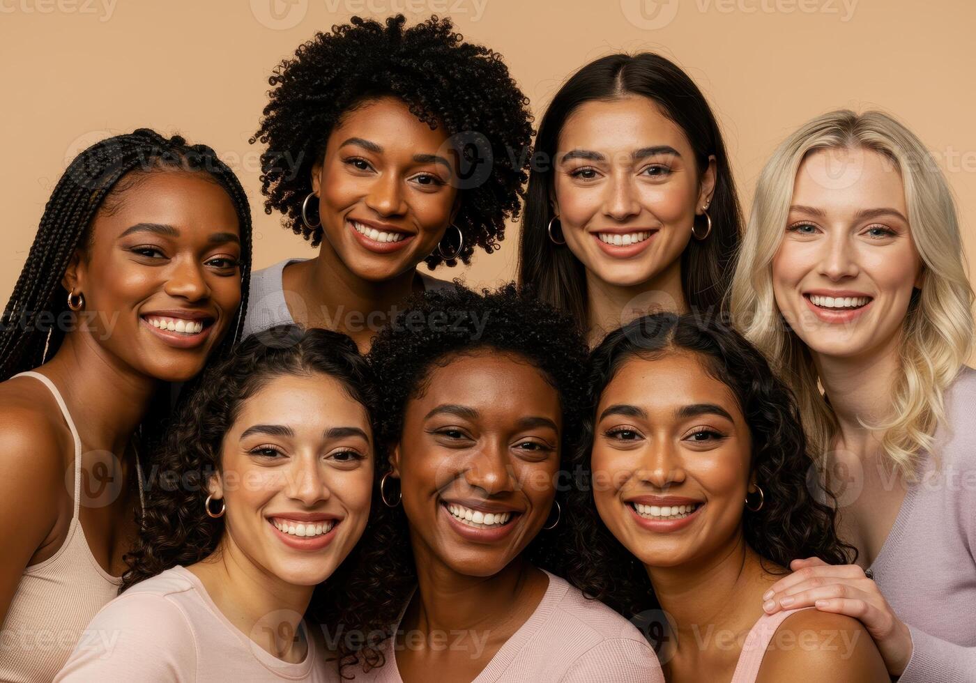 Diverse group of smiling women posing together. Multiethnic females of different ages and skin tones. Concept of diversity, friendship, beauty, skincare, and empowerment. photo