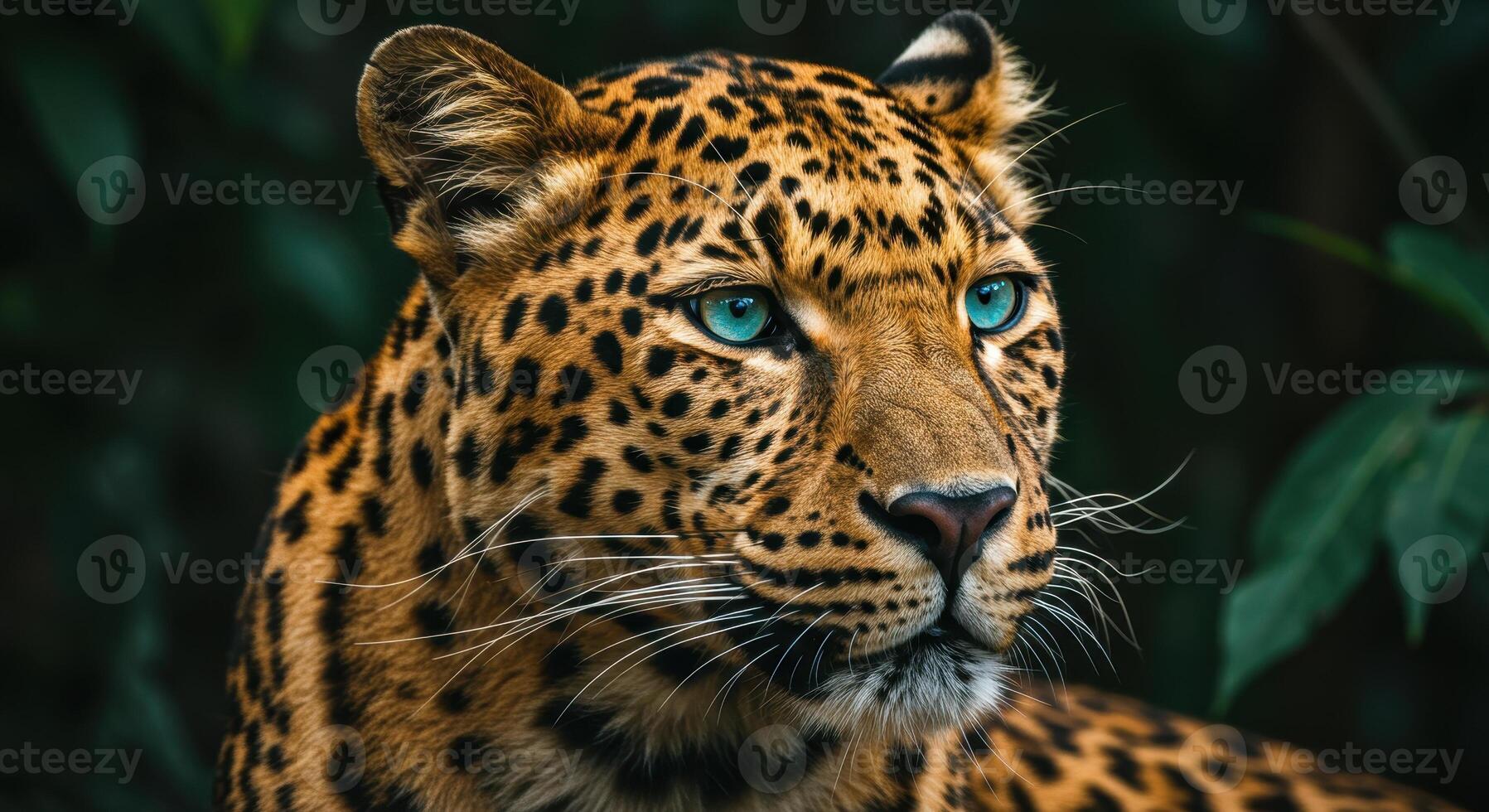 Close up of a leopard with striking blue eyes, its spotted fur contrasting with the dark green foliage in the background. Wildlife concept. photo