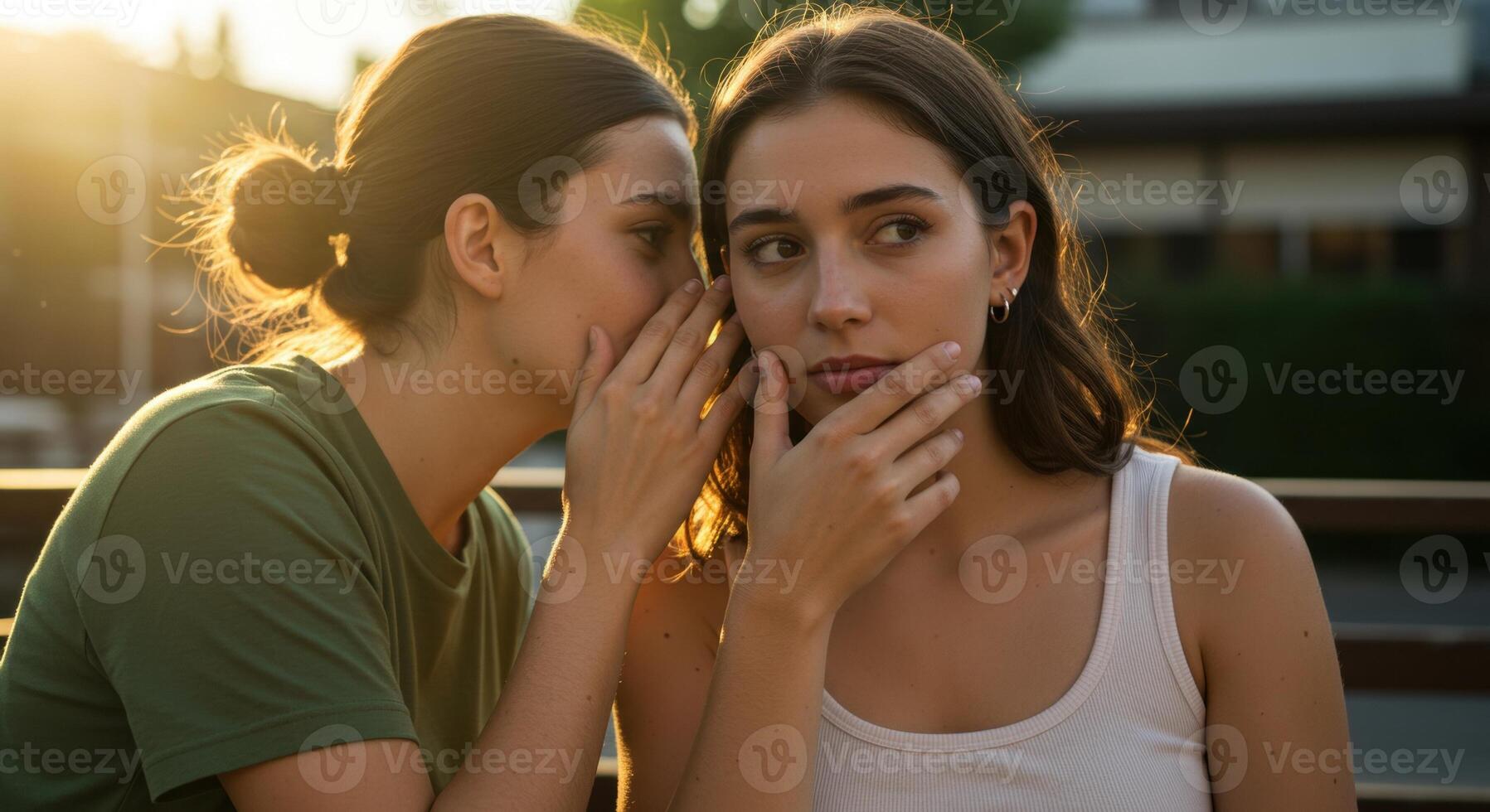 Two young women outdoors on a sunny day. One woman whispers a secret into the ear of the other, who looks pensive, with hand on her face. photo