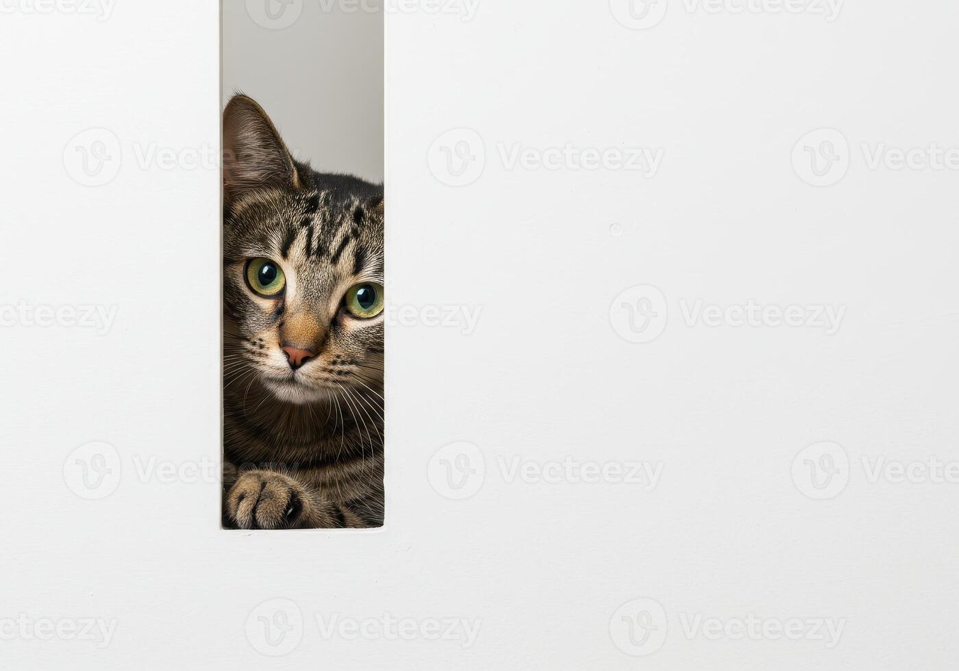Curious tabby cat peeks out from behind a white wall, looking directly at the camera. The cat face and paws are visible in the narrow gap. photo