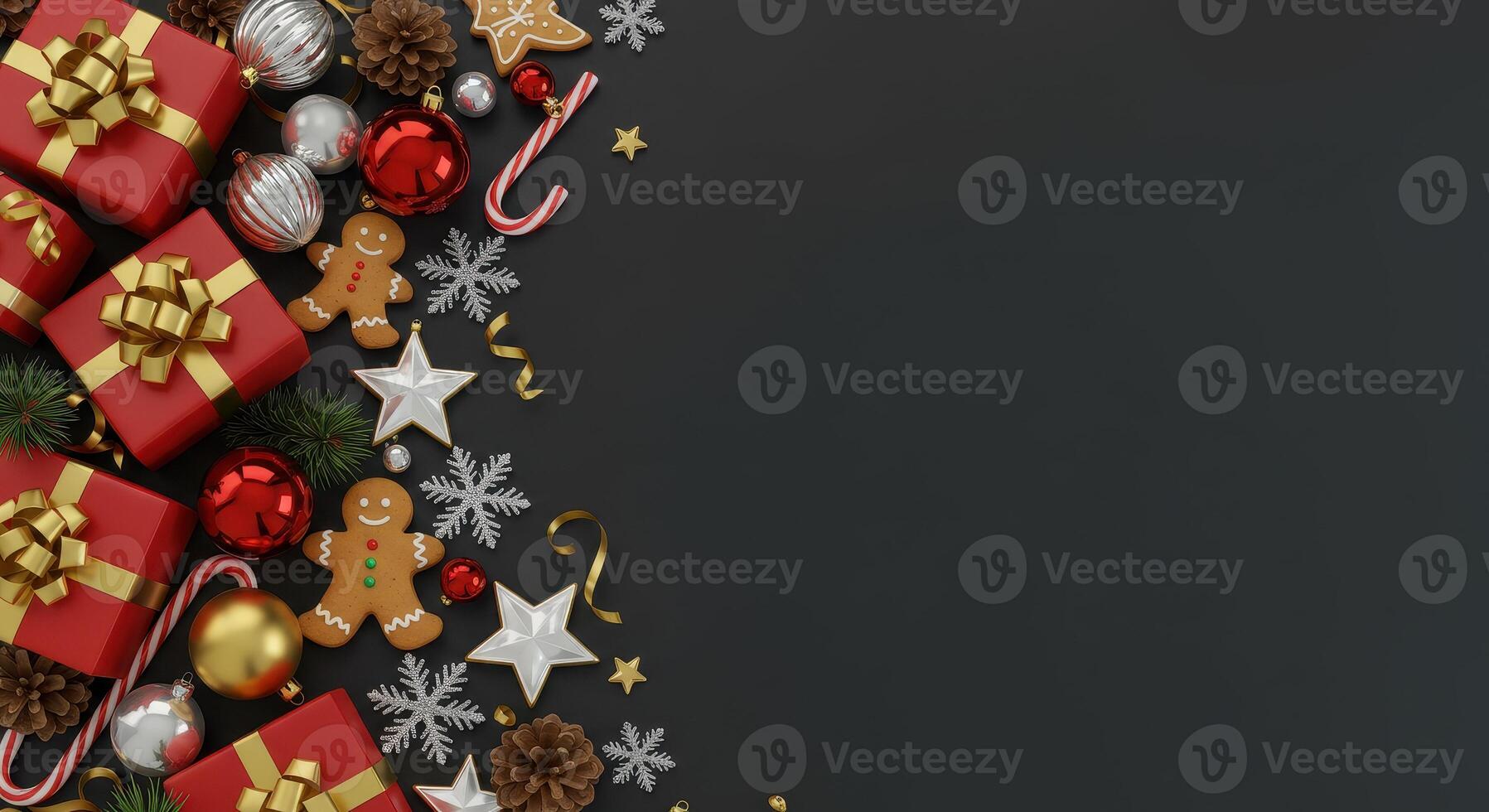 Festive Christmas background with gift boxes, ornaments, gingerbread men, snowflakes, and candy canes on a dark surface with copy space. photo