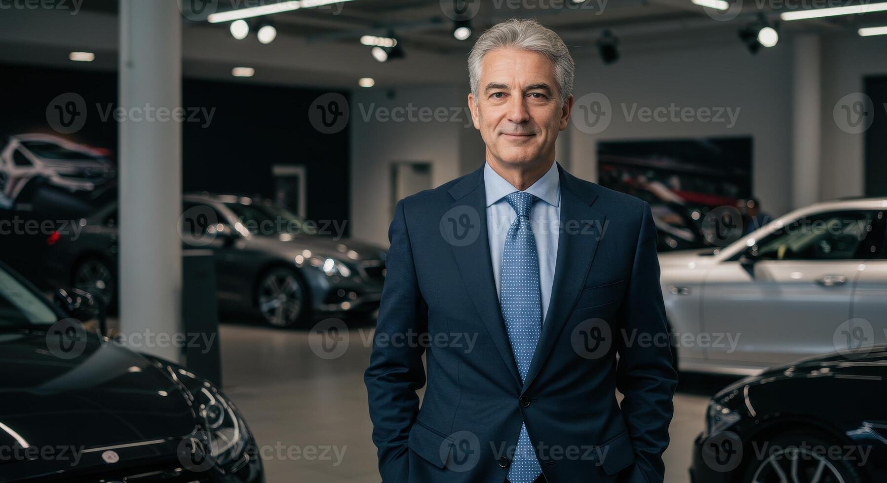 Middle aged businessman in navy suit stands in car showroom. Gray haired man poses near luxury vehicles, hands in pockets, wearing blue shirt and tie. photo