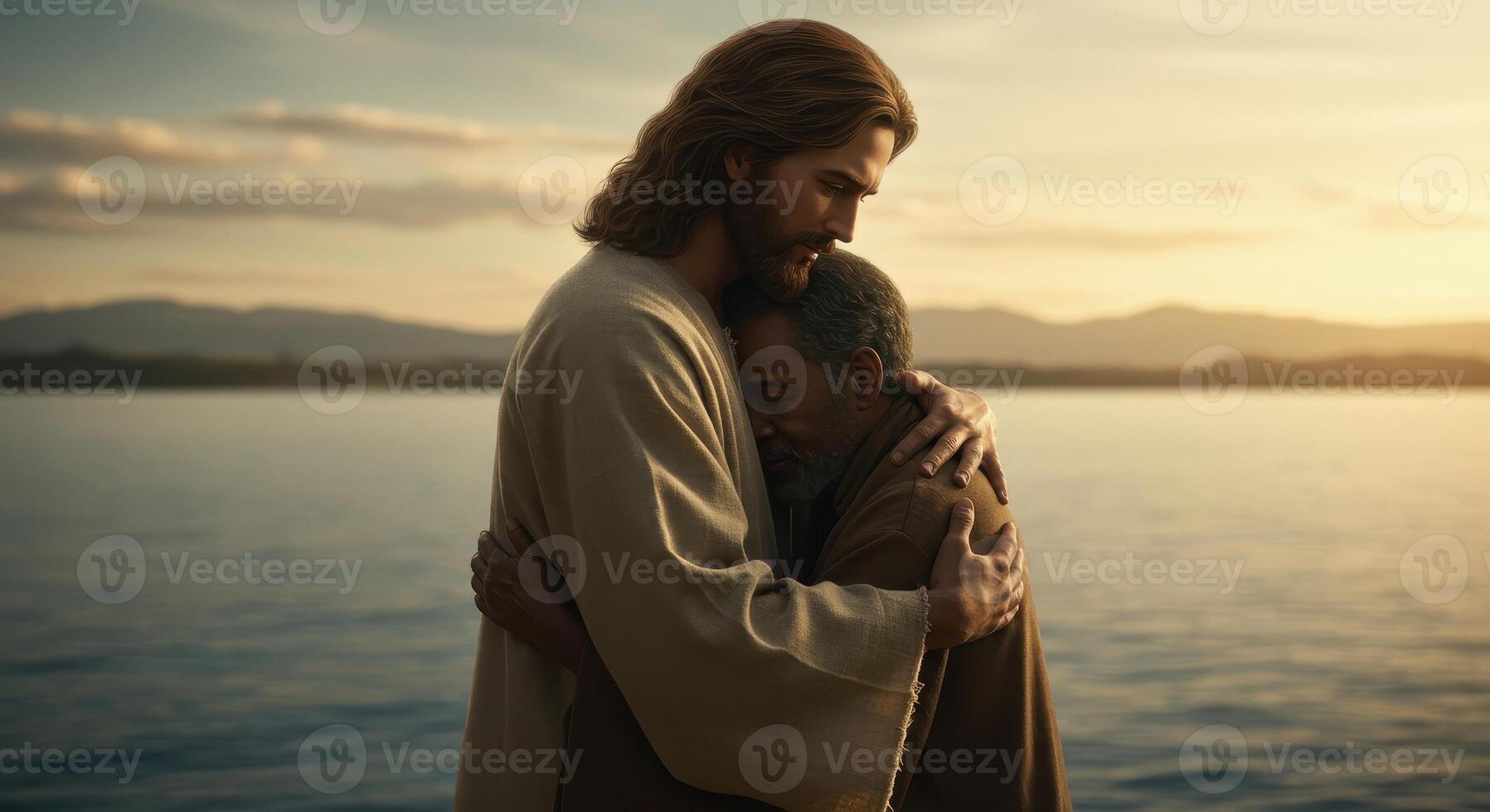 Jesus Christ embraces a man with compassion against a backdrop of water and sky at sunset, symbolizing faith, comfort, and spiritual support. photo