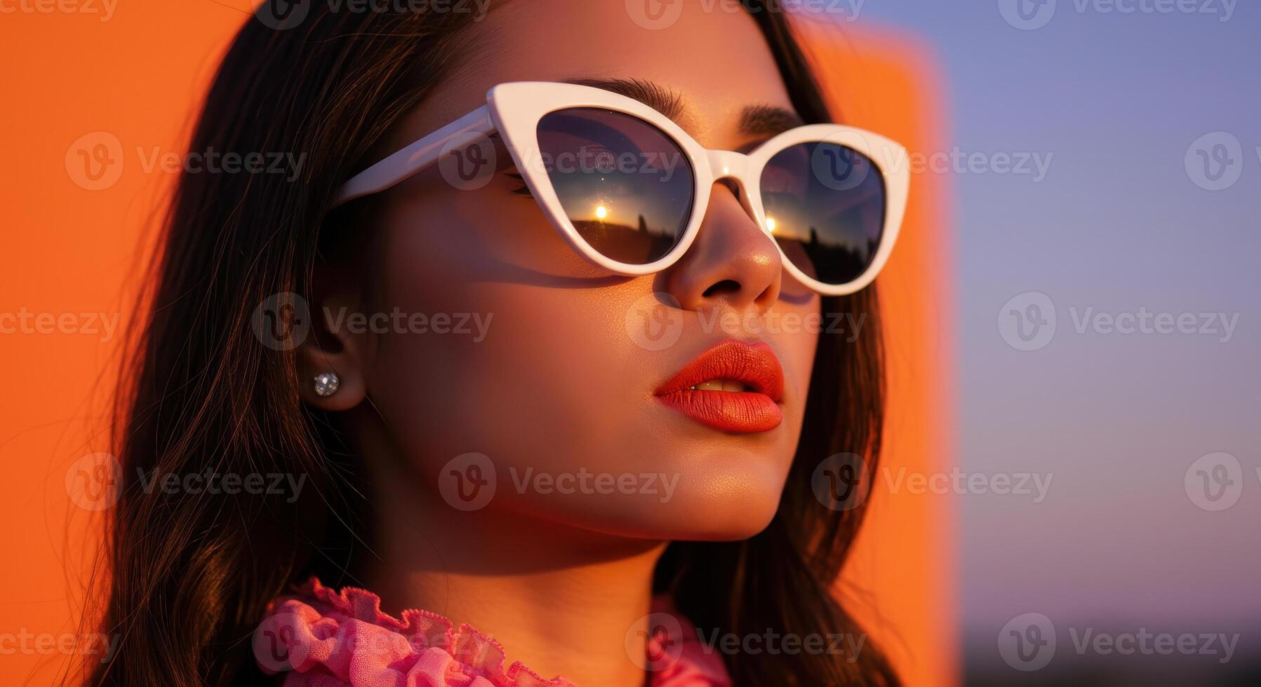 Stylish woman in sunglasses reflects a sunset. Portrait of a fashionable girl with red lips and white cat eye sunglasses during golden hour. photo