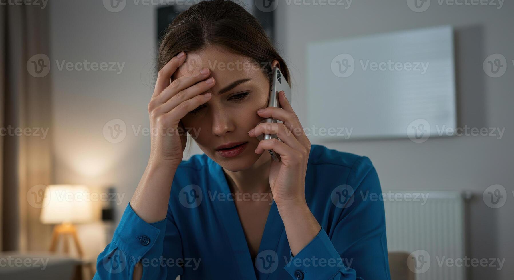 Worried woman in blue blouse indoors having a stressful phone call, hand on forehead. Upset female at home experiencing problems and anxiety. photo