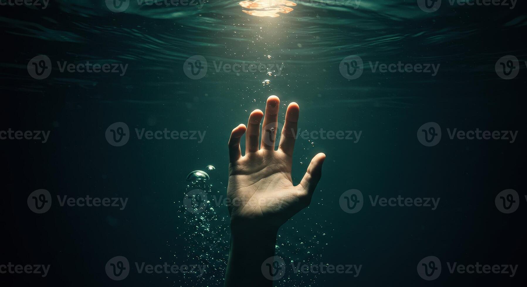 Mans hand reaching up from dark water with bubbles, illuminated by light from above. Concept for drowning, need for help, or rescue in the deep sea. photo