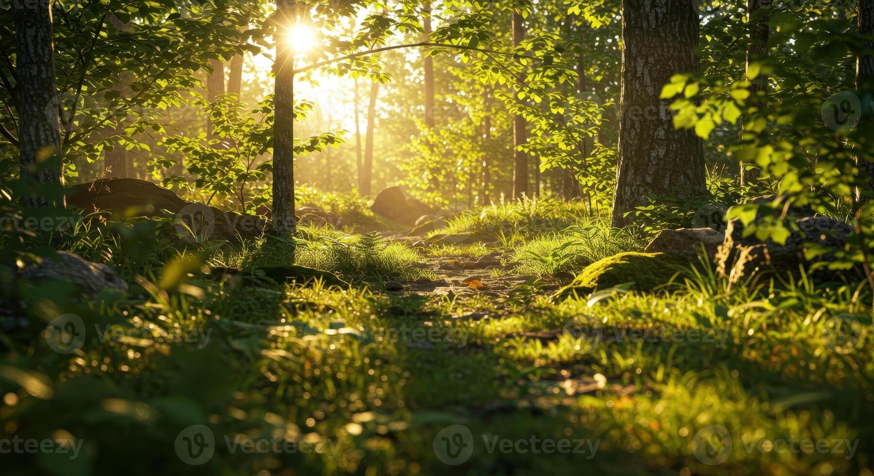Sunlight shines through trees in a forest, illuminating a path covered with grass and moss. The scene captures the serene beauty of nature in a woodland environment. photo