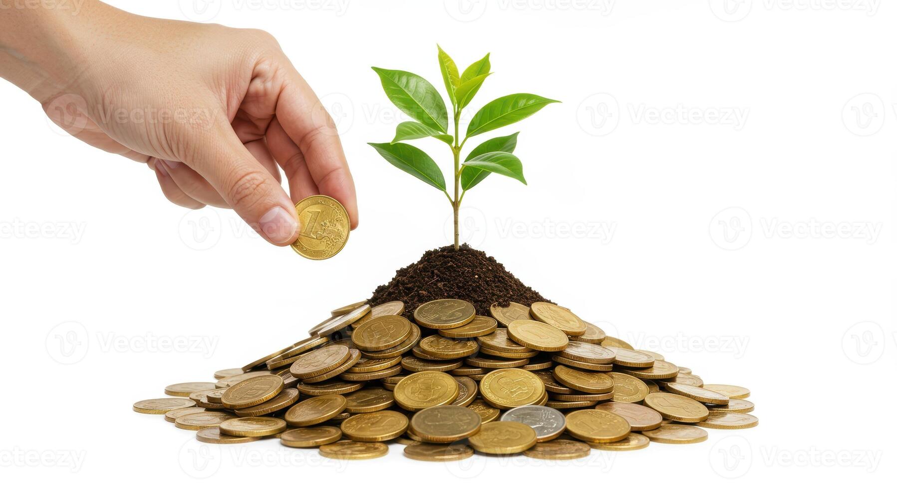 Hand adding gold coin to pile with plant growing from soil. Investment growth, financial success, and savings concept on white background. photo