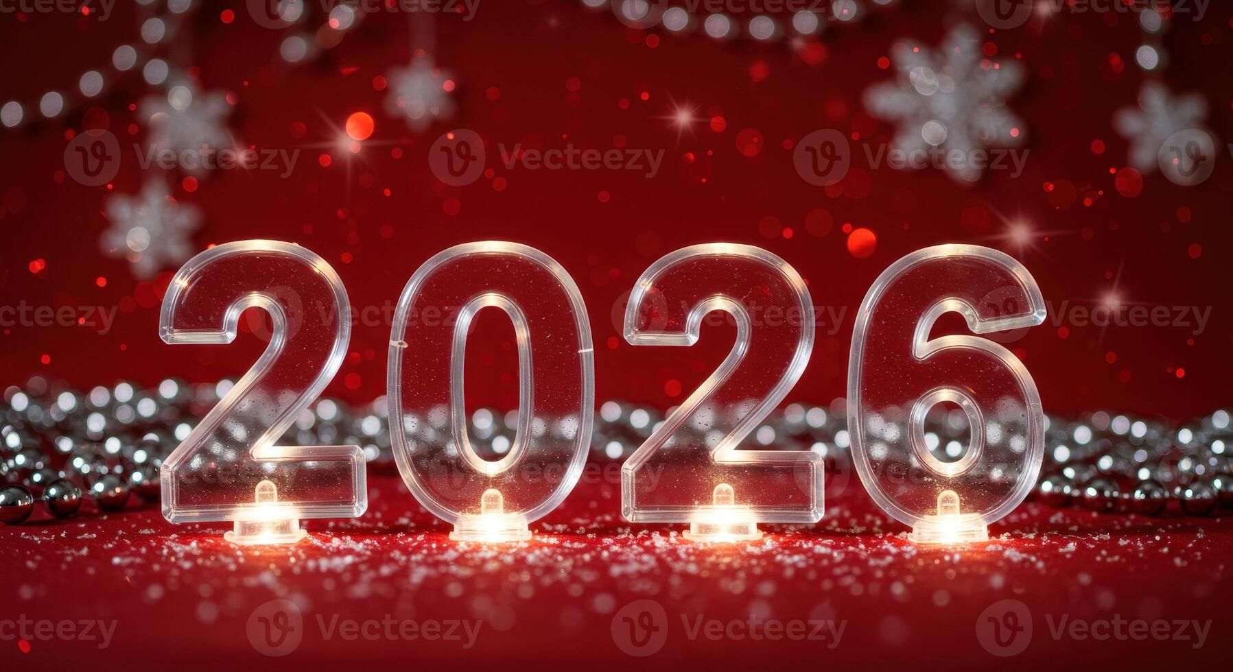 Illuminated 2026 number display on red surface with silver beads and snowflake ornaments. Decorative lights for New Year celebration and festive season greetings. photo