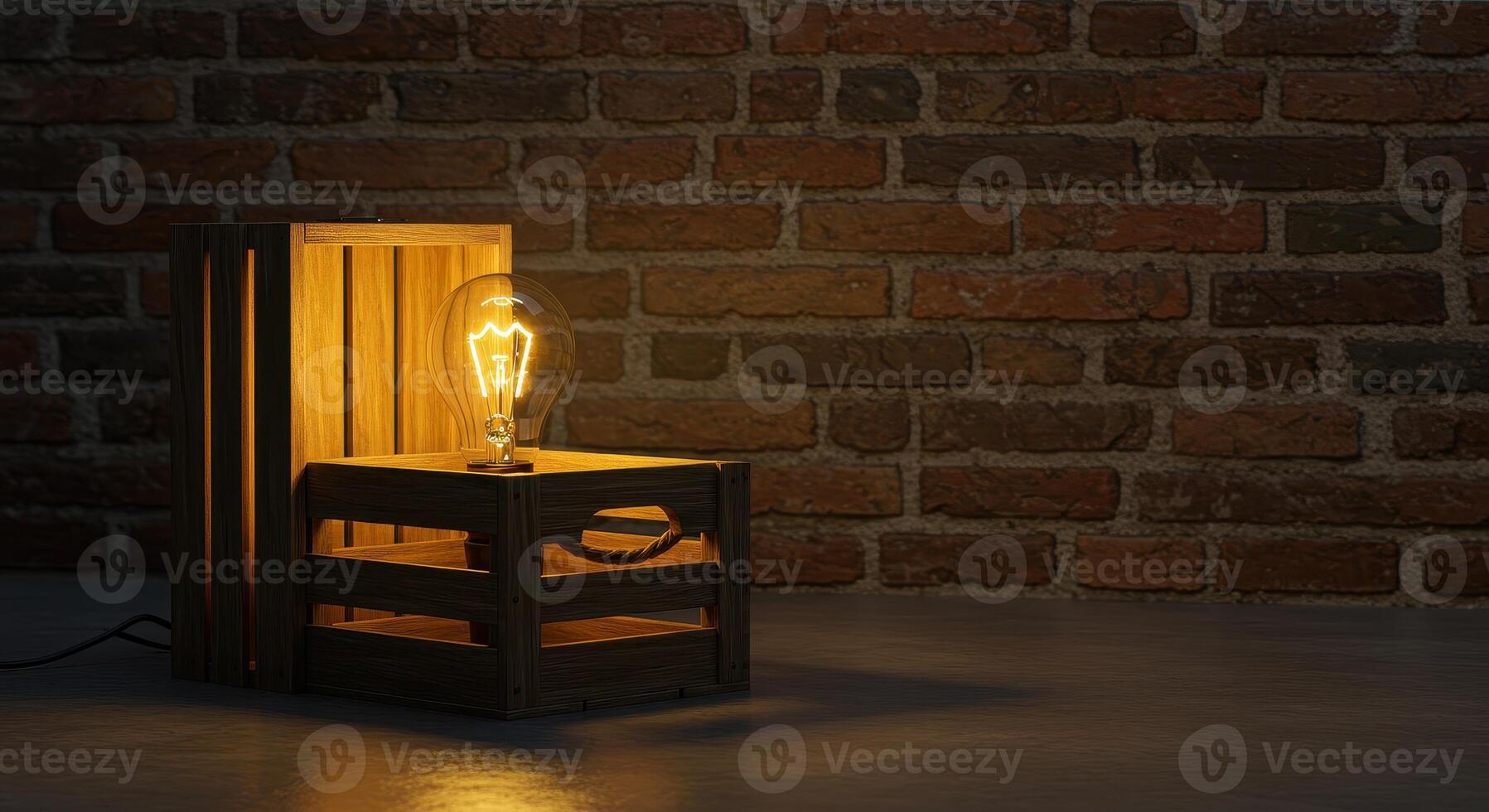 Illuminated Edison style light bulb in a wooden crate, casting warm light against a brick wall. Rustic design, vintage style, and cozy interior lighting concept. photo