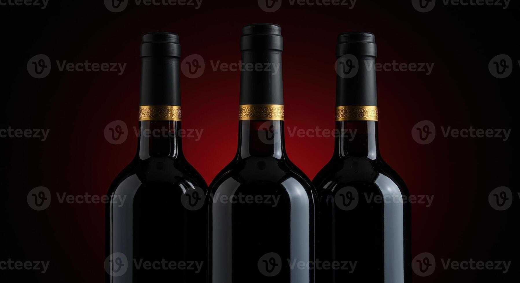 Three unlabeled bottles of red wine stand side by side against a dark background, suggesting a tasting or selection of fine wines. photo