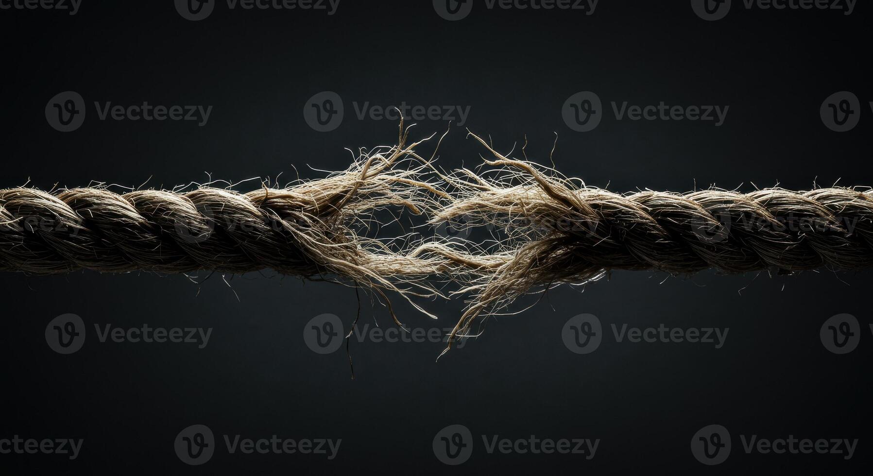 Close up of frayed hemp rope showing immense stress and tearing under harsh, directional lighting against a dark backdrop. Represents fragility and tension. photo