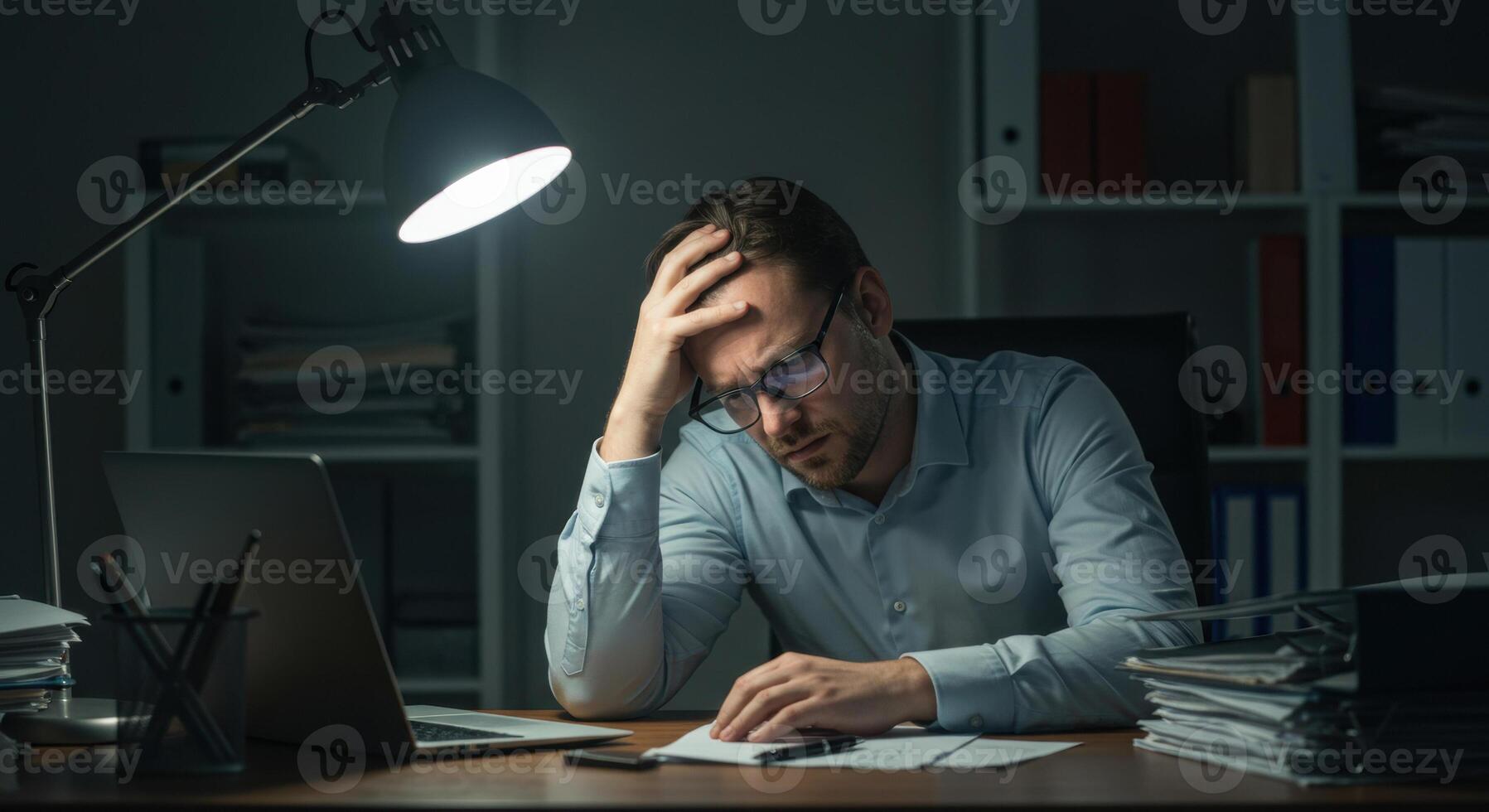 Stressed businessman in glasses working late at desk with laptop and documents. Frustrated man with headache in dimly lit office. Burnout and deadline concept. photo