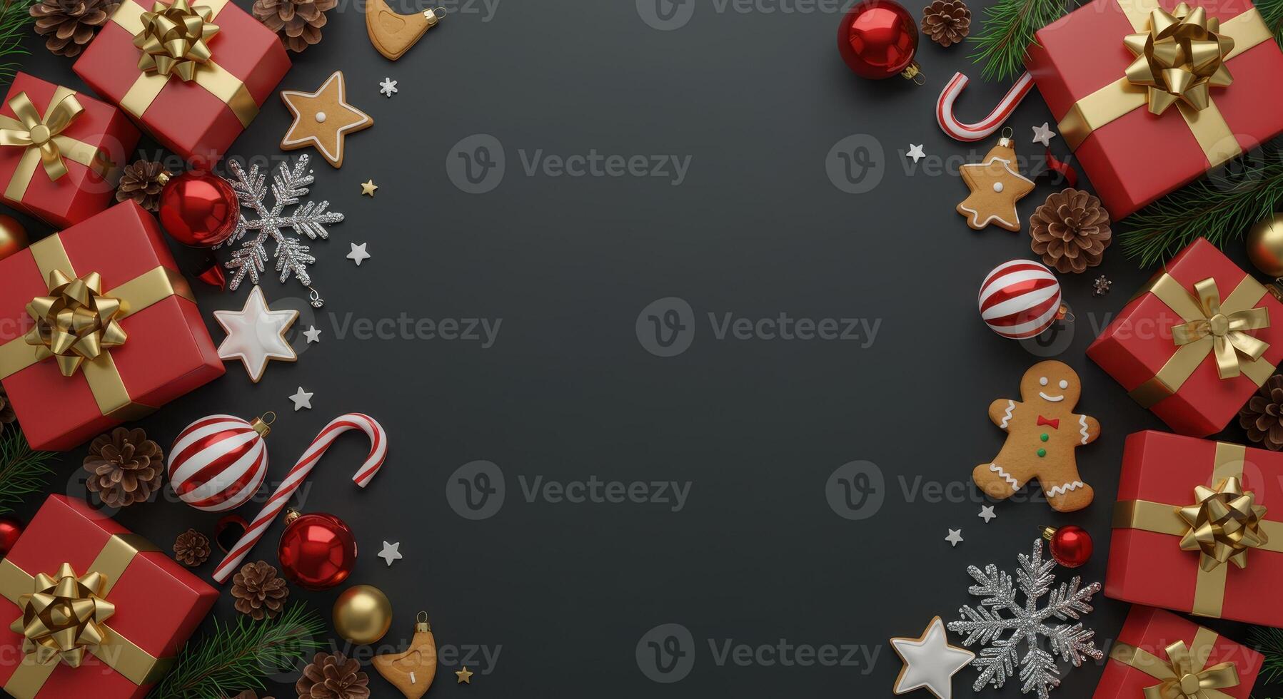 Festive Christmas background with red gift boxes, ornaments, gingerbread man, candy cane, pine cones, snowflakes, and fir branches arranged on dark surface. photo
