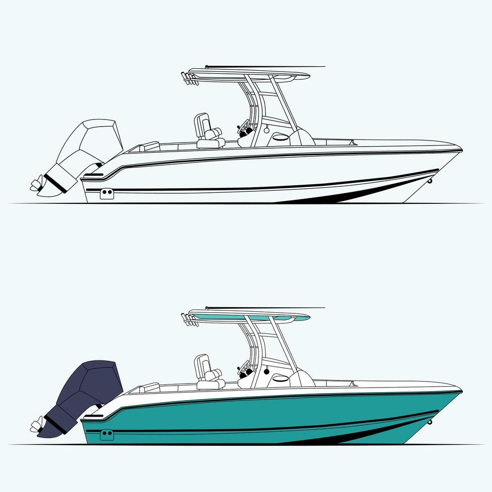 Fishing boat line art illustration and one color. Travel Editable Stroke Line Icons. vector