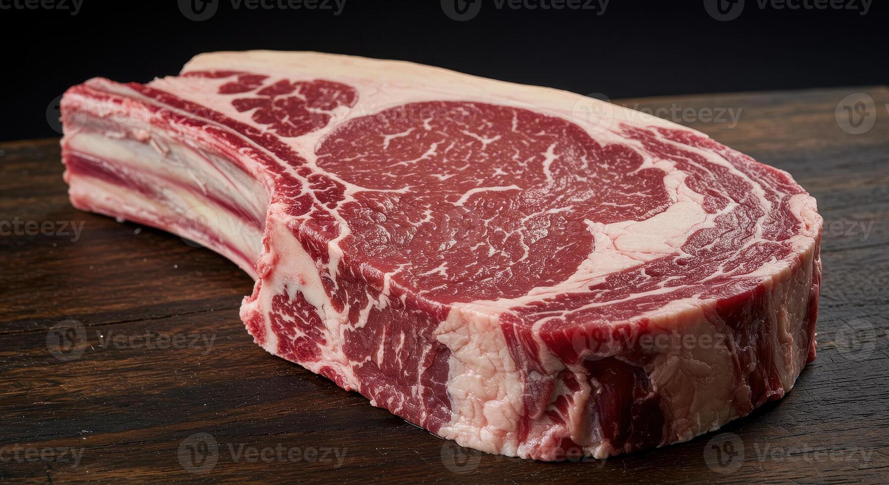 Raw tomahawk steak on dark wood surface. Fresh beef ribeye with bone, rich marbling, for grilling and barbecue, close up. photo