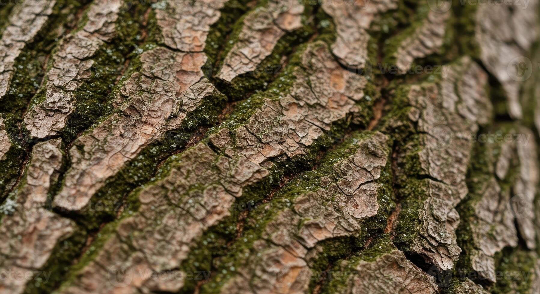 Detailed close up of tree bark with rough texture, prominent ridges, and deep fissures, showing variations in earth tones and mossy green patches. photo