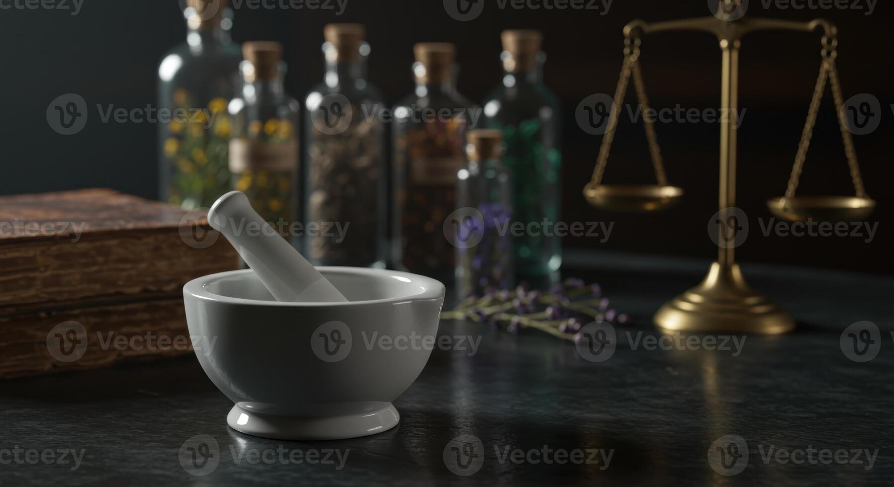 Mortar and pestle on dark stone surface with old book, bottles with herbs and golden scale in background. Concept of alternative medicine. photo