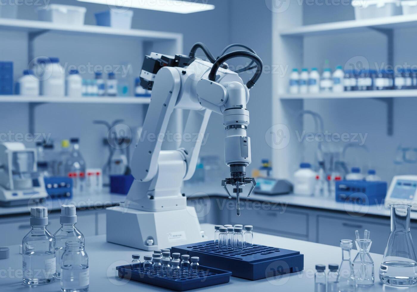 Automated robotic arm dispensing liquid into vials in a laboratory setting. Concept for pharmaceutical research, biotechnology, and automated manufacturing. photo