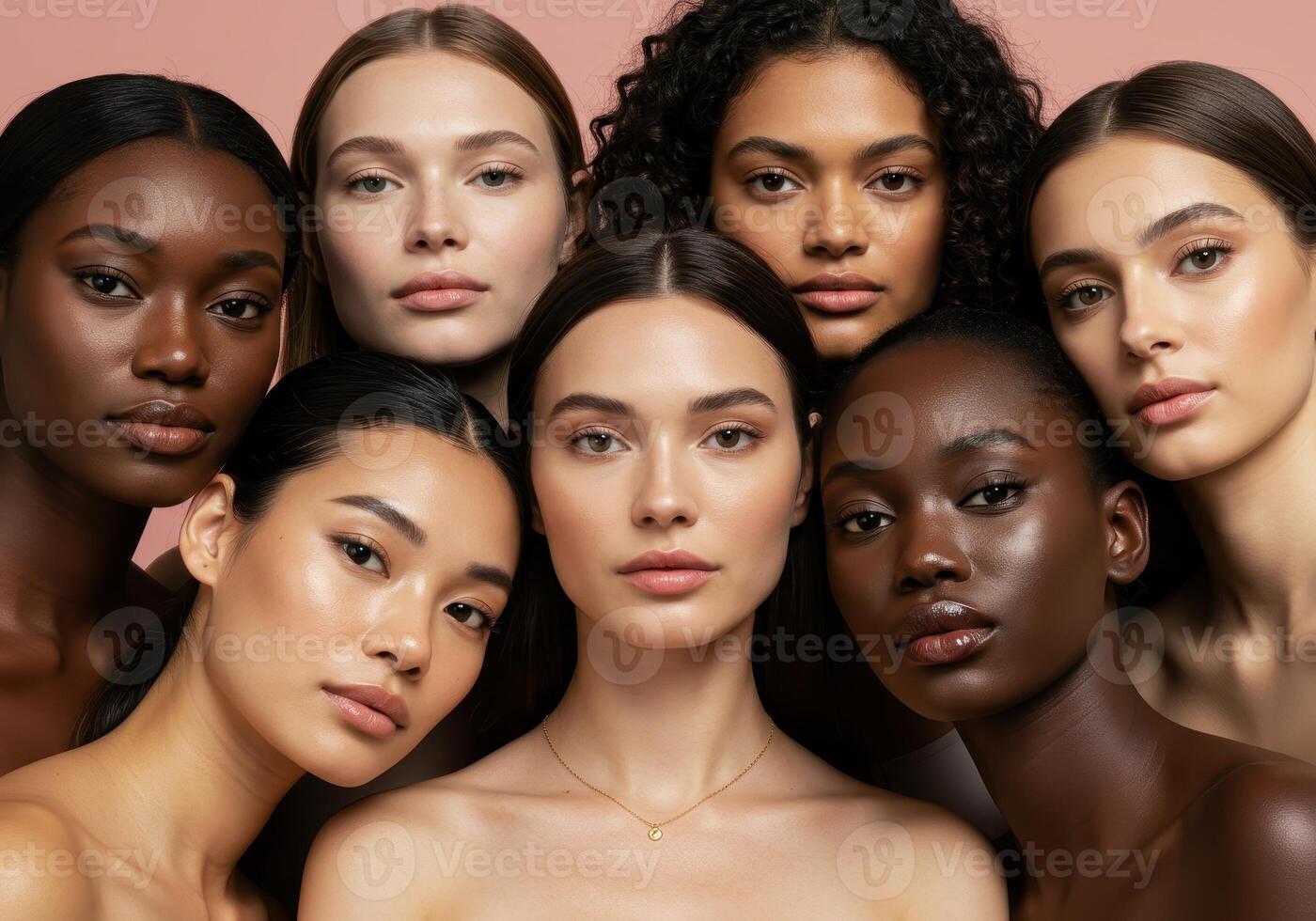 Diverse group of beautiful women with various skin tones. Multiethnic female models posing together, promoting inclusivity, beauty and skincare products on pink backdrop. photo