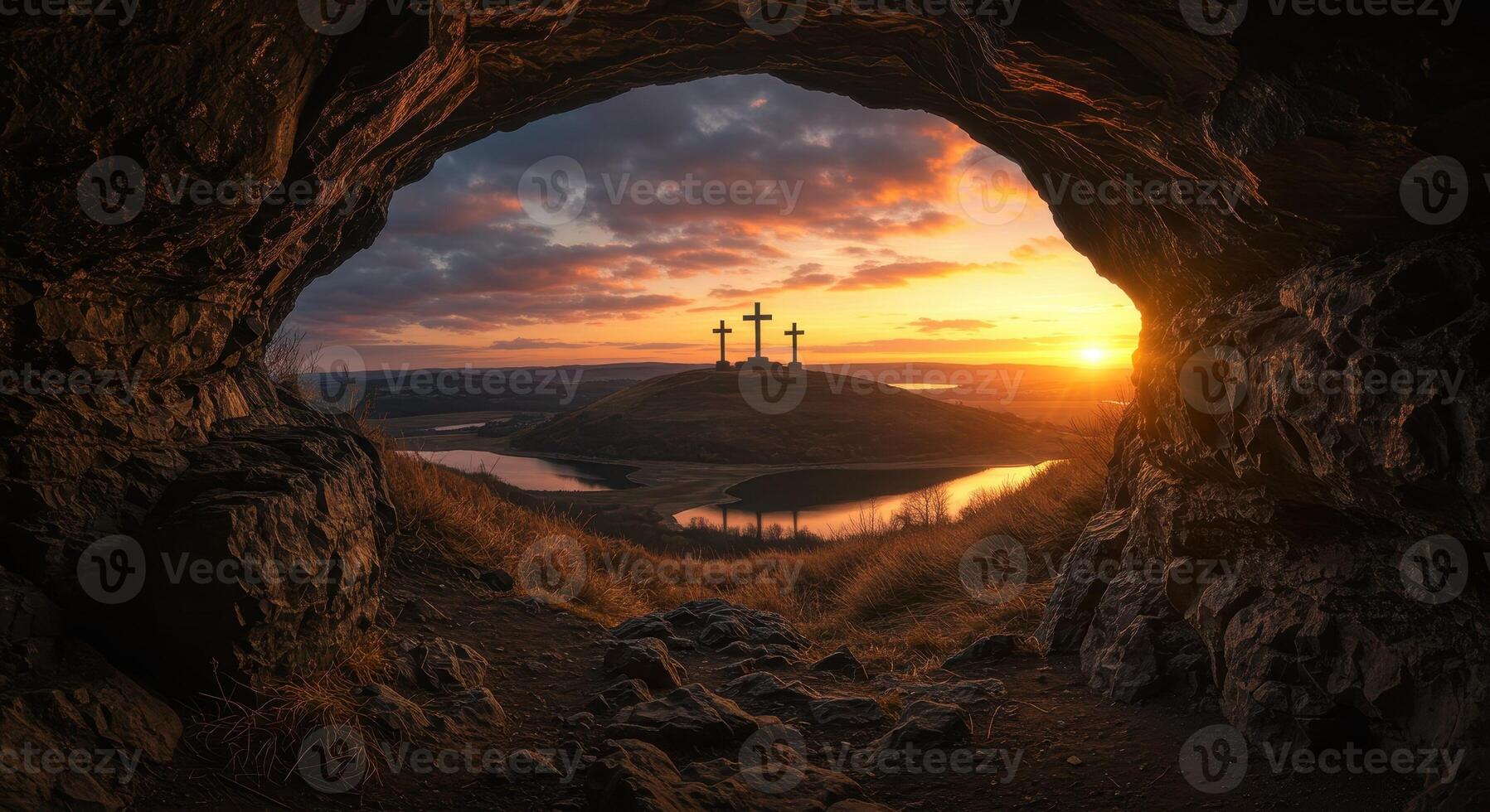 View from cave towards sunset over landscape with three crosses silhouetted against colorful sky on hill. Religious, faith and hope concept. photo