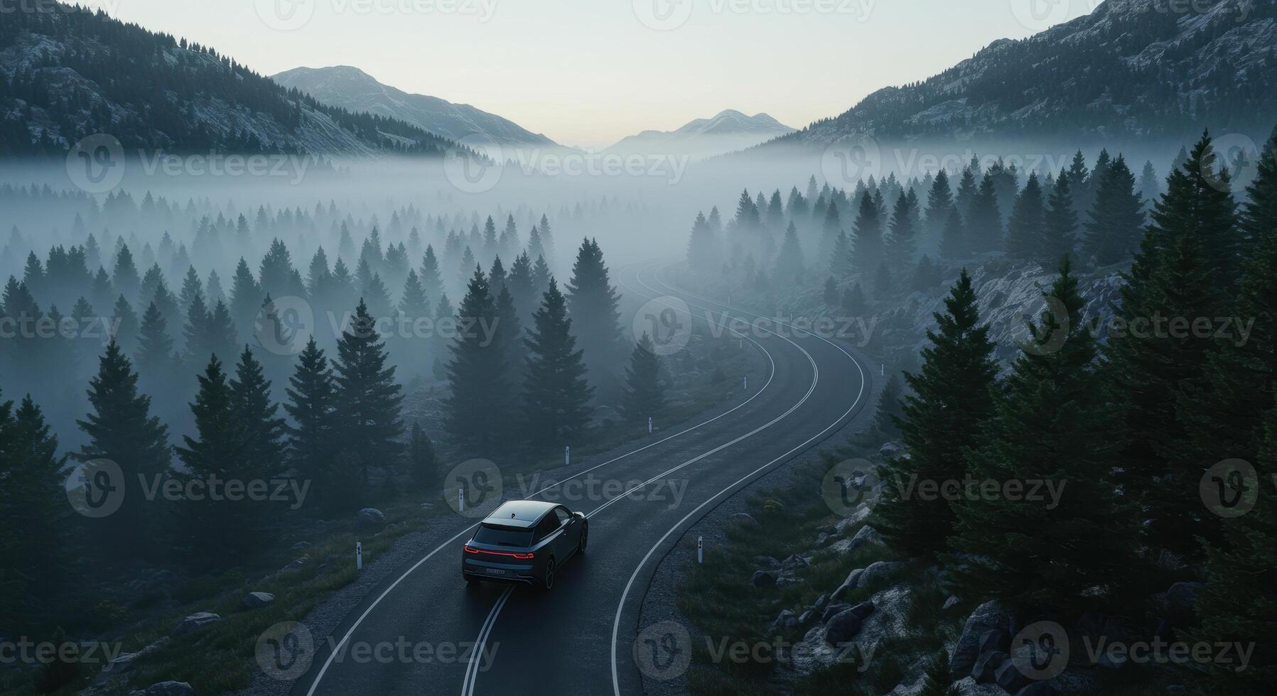 Car drives on winding road through a foggy forest in the mountains. Landscape with coniferous trees and mist. Adventure and travel concept. photo