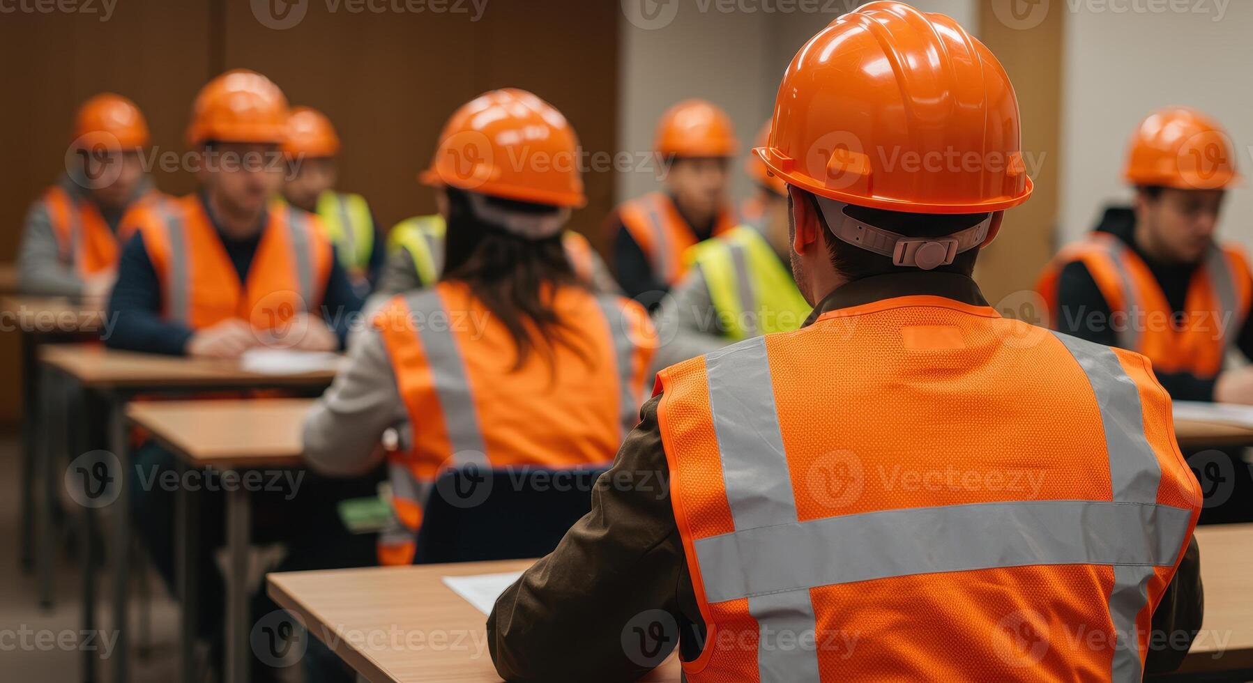 Construction workers in safety vests and hardhats attend training session, sitting at desks in a classroom setting, focus on safety education. photo