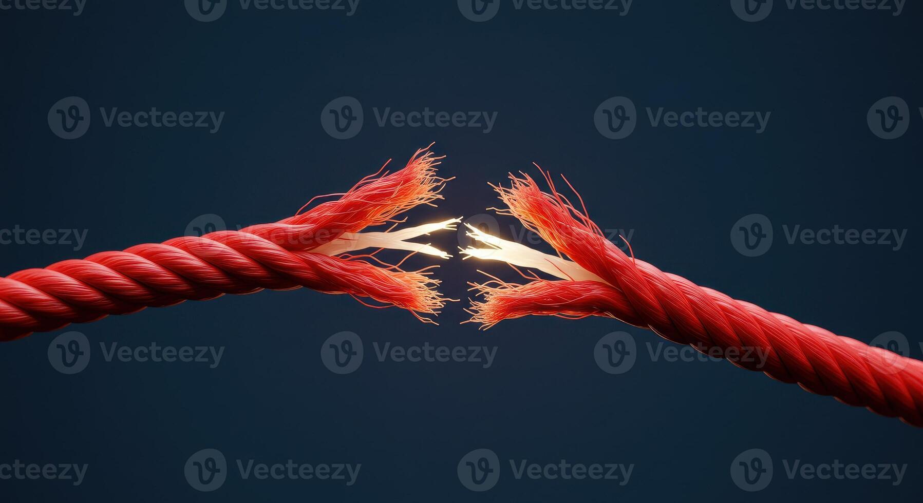 Close up of a frayed red rope on dark background, symbolizing stress, breaking point, or vulnerability in business and personal challenges. photo