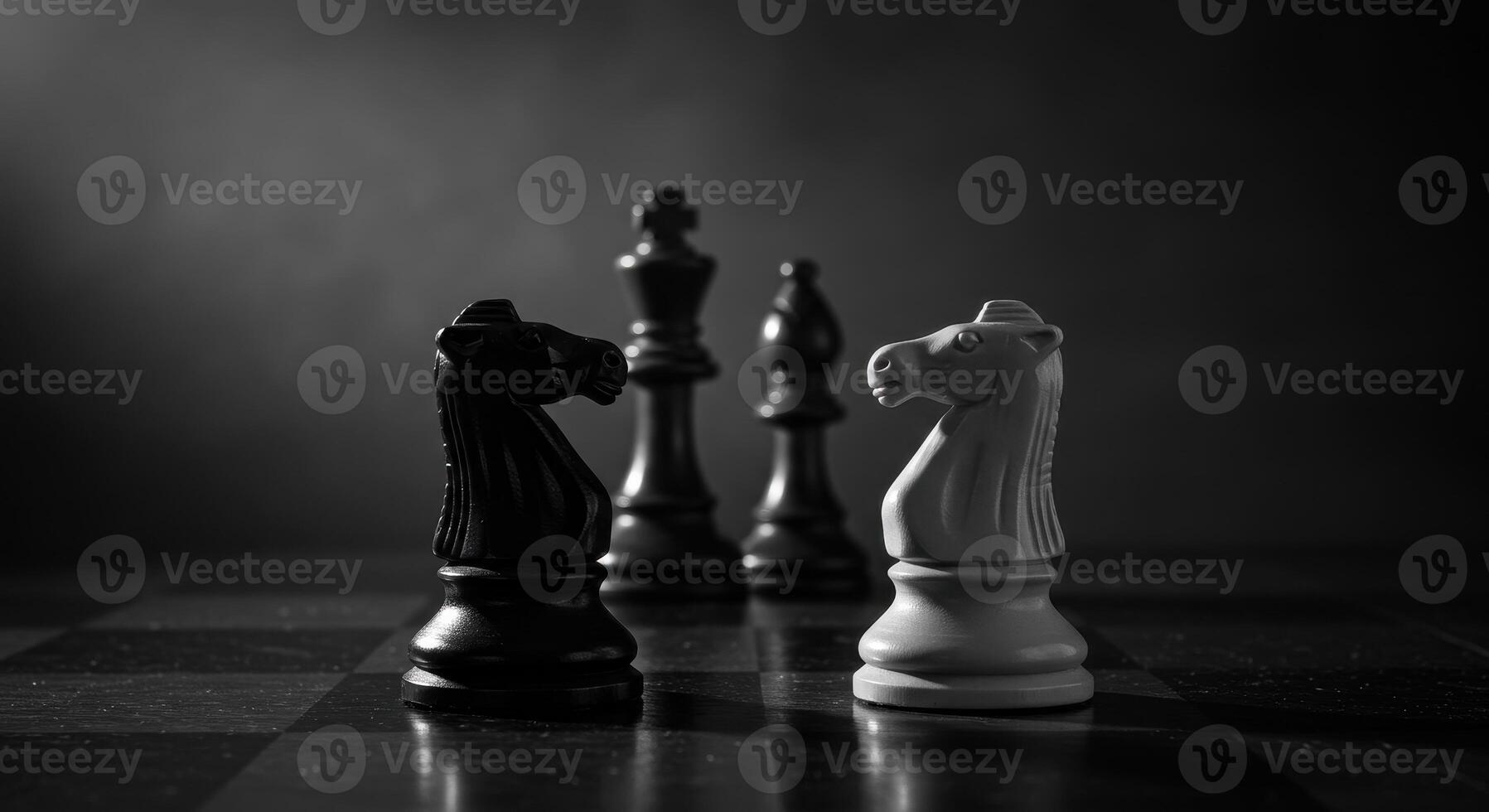 Monochrome shot of chess pieces including knights, king, and bishop on a chessboard. Strategic game with focus on confrontation and planning in a dark setting. photo