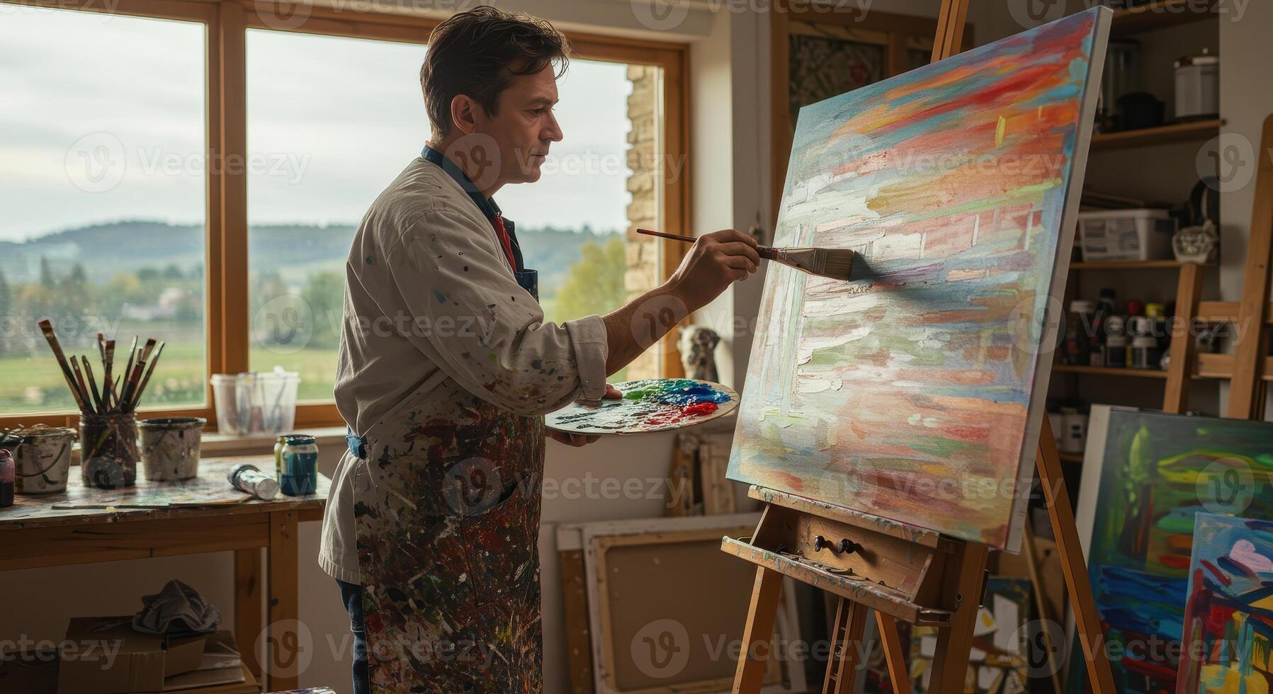 Artist creating an abstract painting in a studio. Man using a palette knife on canvas. Easel, paintbrushes, and colorful paints visible. Bright, natural light from a window. photo