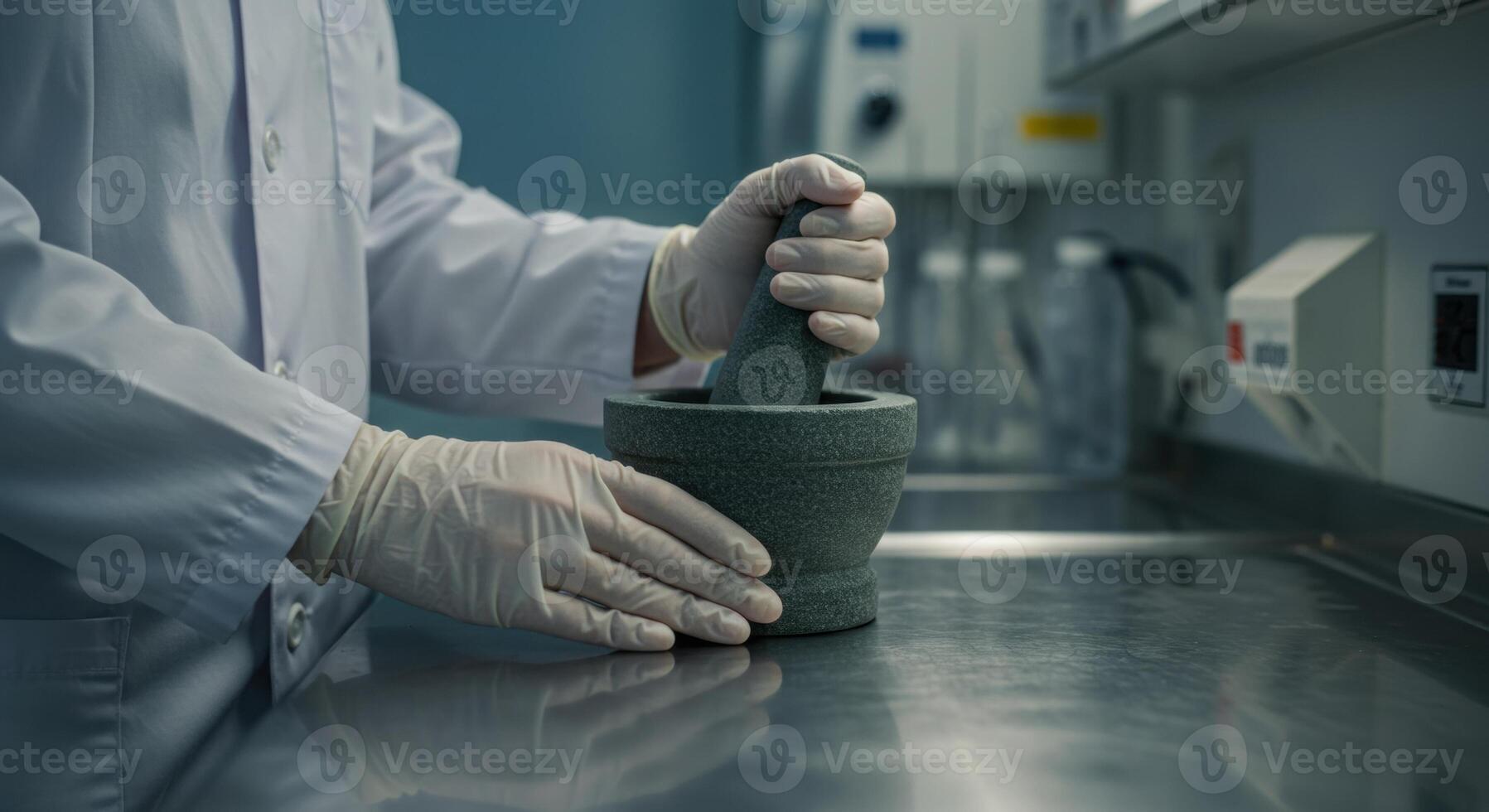 Scientist grinds ingredients with mortar and pestle in lab. Hands in gloves use stone mortar for pharmaceutical research and development on steel surface. photo