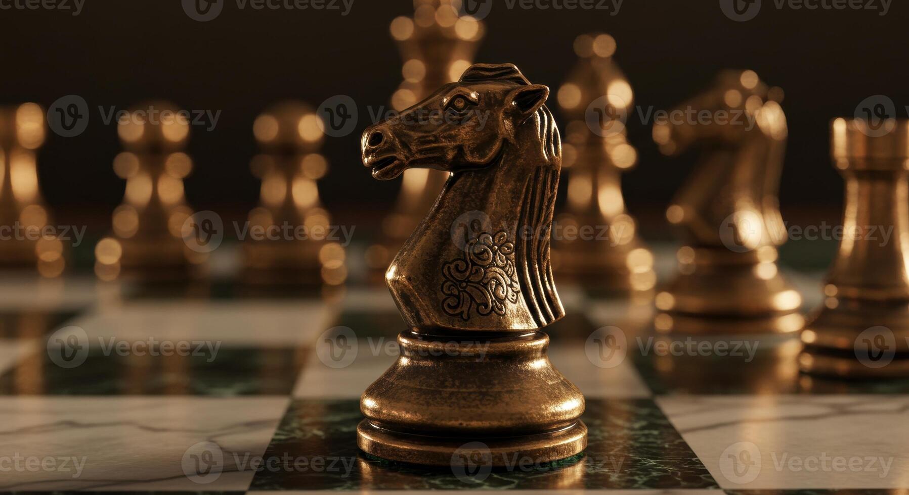 Close up of a bronze chess knight with ornate pattern on its chest, standing in focus on a marble chessboard with other pieces in the background. photo