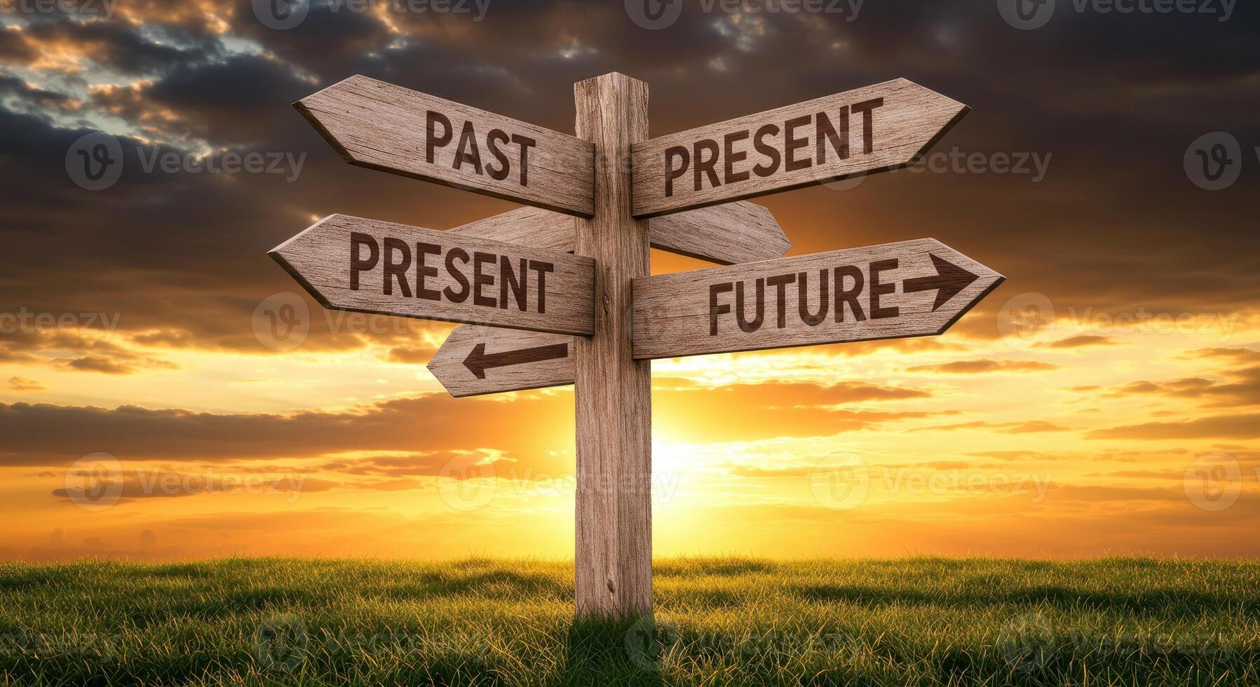 Directional wooden signpost with past, present, and future options against a vibrant sunset sky and grassy field. Concept for time, choices, and decisions. photo