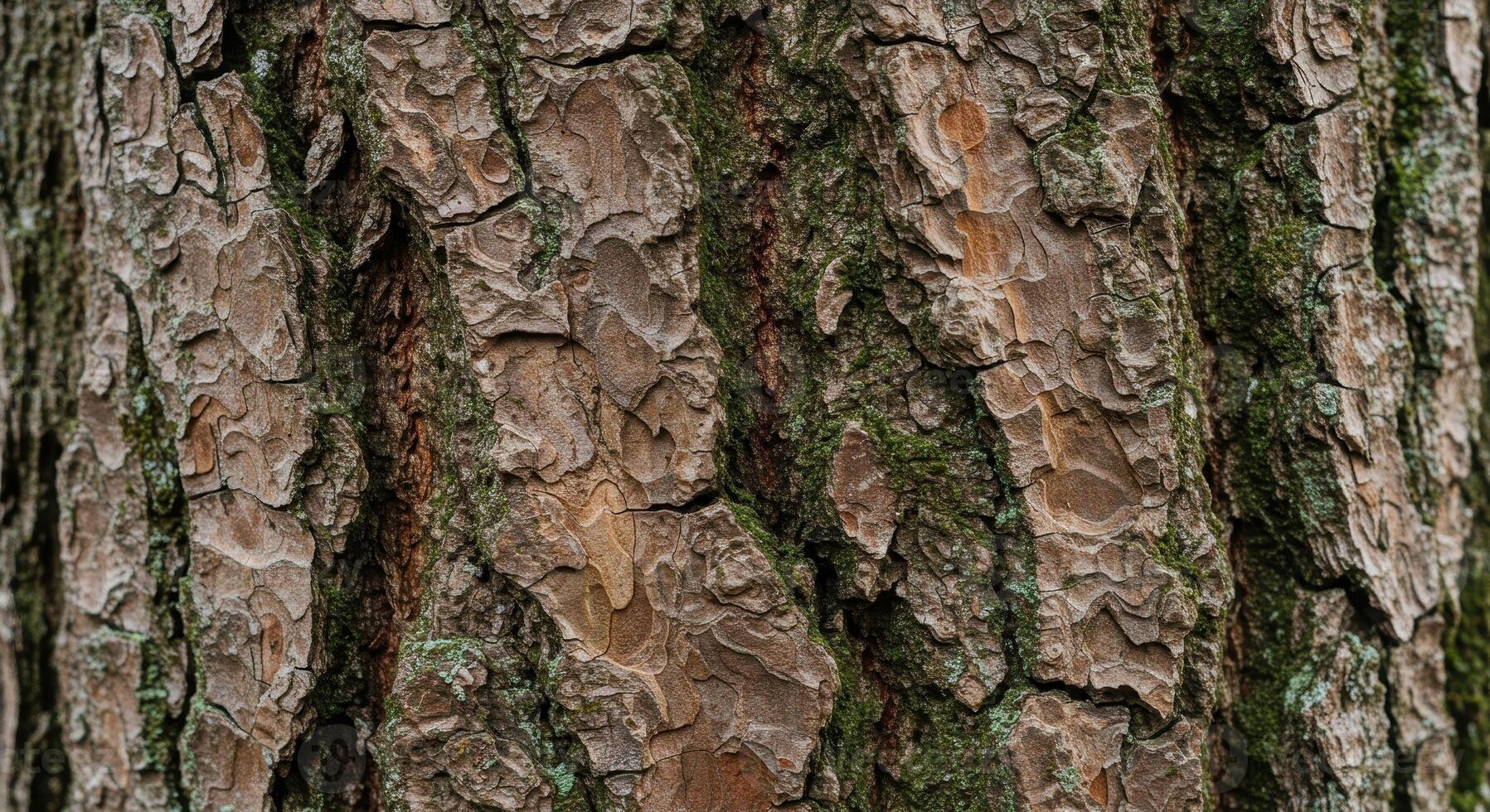Detailed close up of textured tree bark with rough ridges, deep fissures, and earth tone variations. Moss accents the barks natural patterns. photo