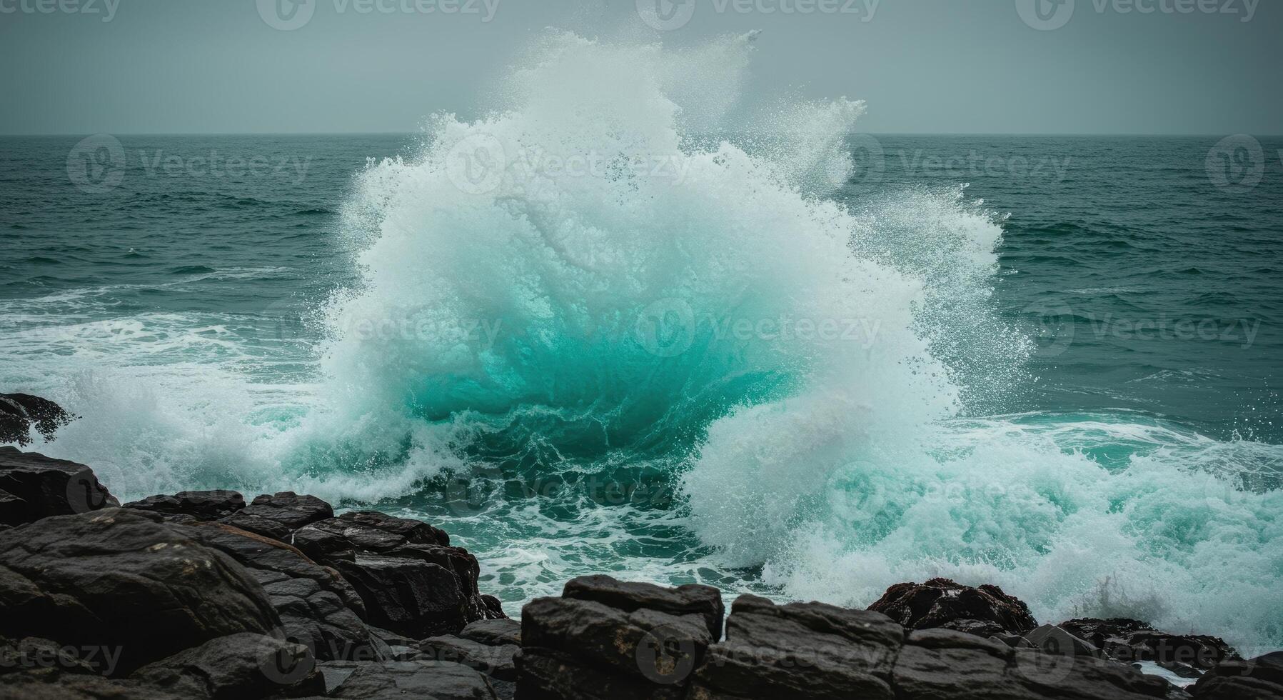 Ocean wave crashing on coastal rocks, creating sea spray against a cloudy sky. Seascape showing the power of nature and coastal erosion. photo