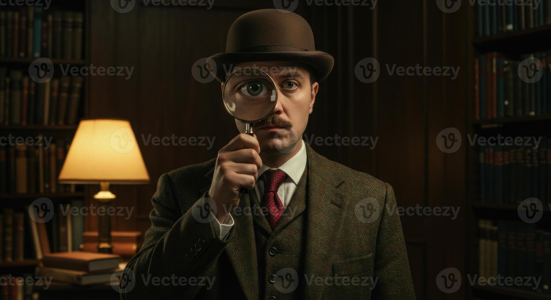 Detective in tweed suit and bowler hat holds magnifying glass in library, emphasizing investigation and vintage style in a dimly lit setting. photo