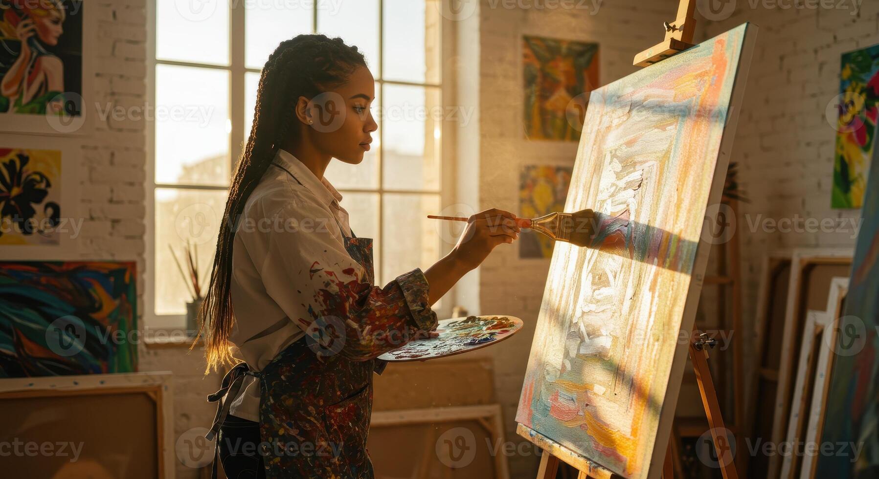 Female artist creating artwork on canvas in studio. Painter holding palette and paintbrush while working on abstract painting. Art and creativity concept. photo