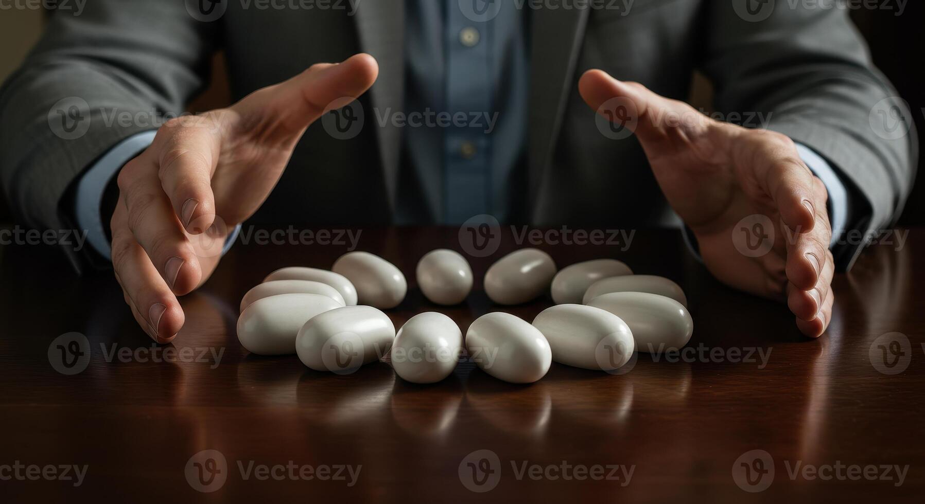 Businessman arranging white stones in a circle on a wooden table. Concept of balance, harmony, zen, and wellness. Hands framing the stones, creating a sense of protection. photo