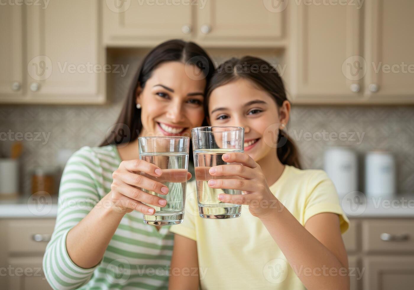 Smiling mother and daughter toasting with glasses of fresh water in a kitchen. Healthy hydration concept showing family values and wellbeing. Pure water for health. photo