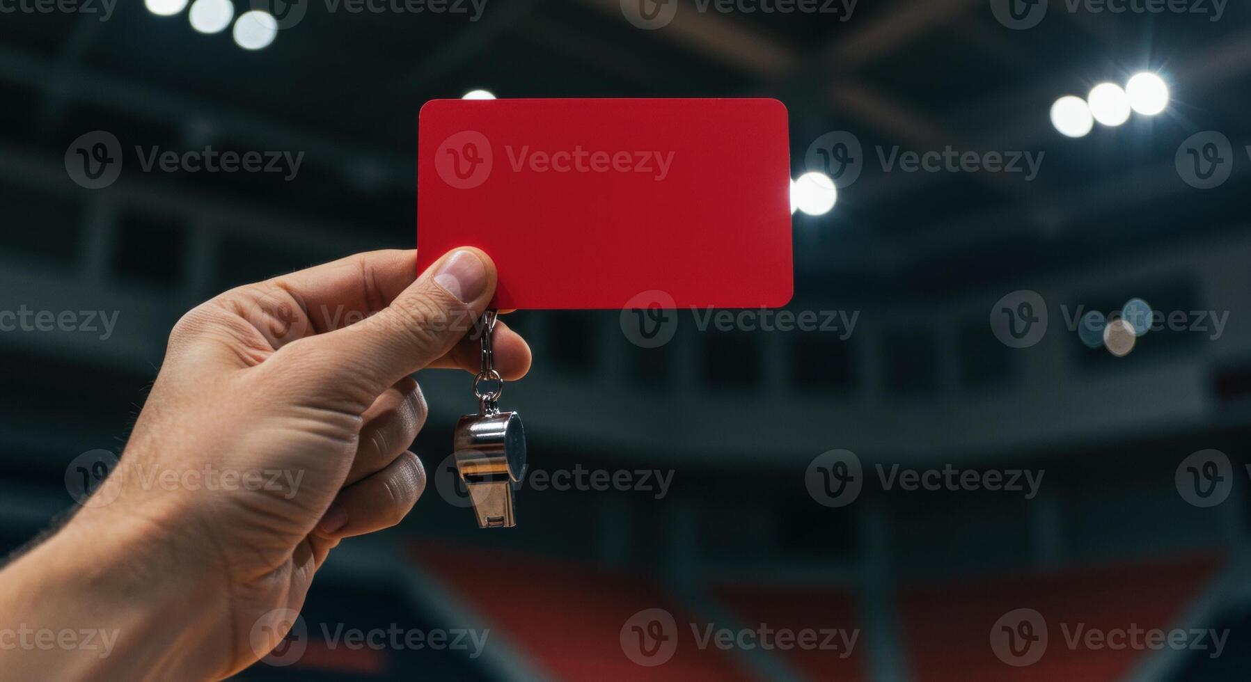 Referees hand holding a red card and whistle in a sports arena, signaling a foul or penalty during a game. Symbol of authority and rule enforcement. photo