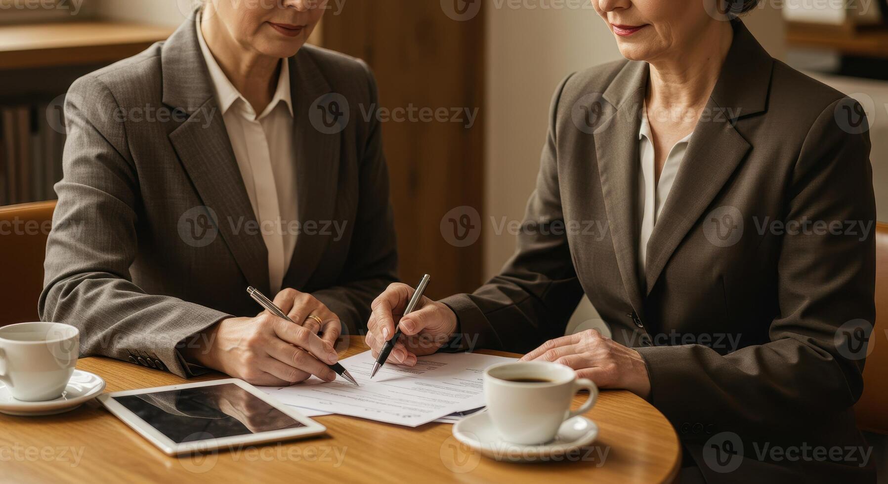 Two businesswomen review a contract at a table with coffee and a tablet. They are wearing suits and holding pens, focused on the document. photo